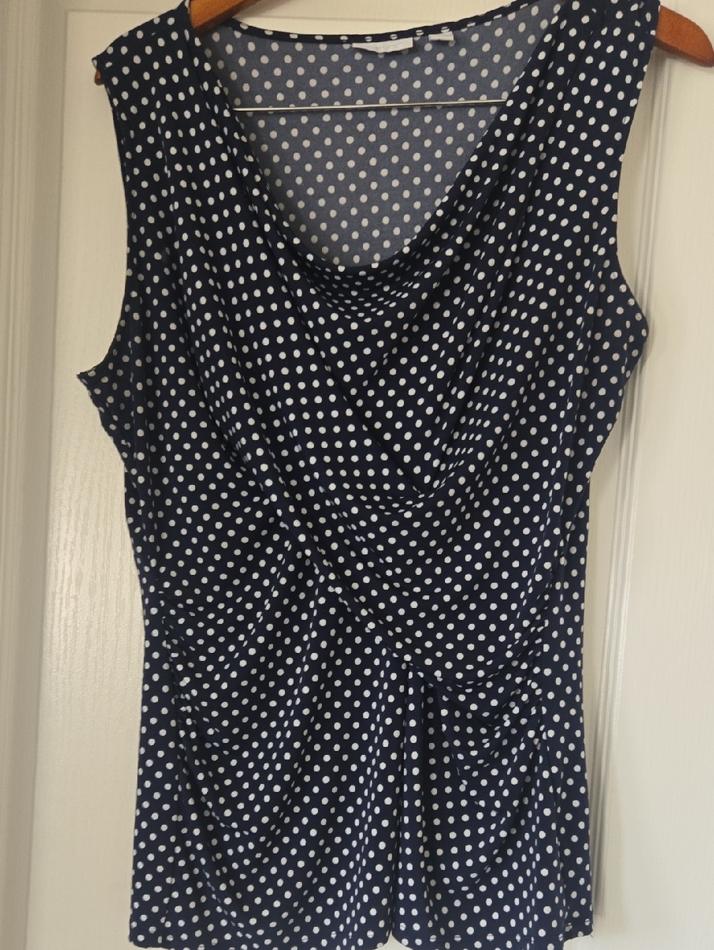 New York & Company Navy and White Polka Dot Stretch Top